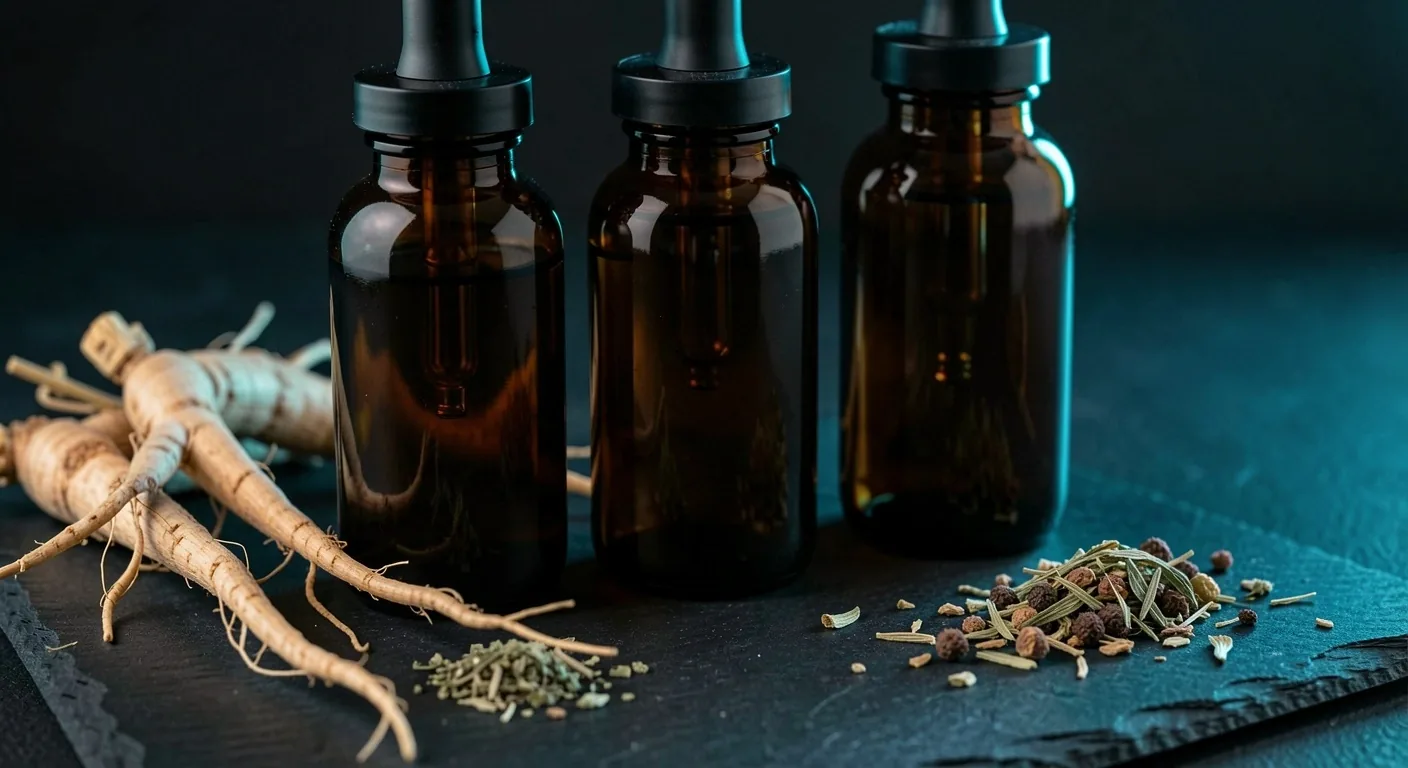 Natural supplement bottles in a low-key studio setting