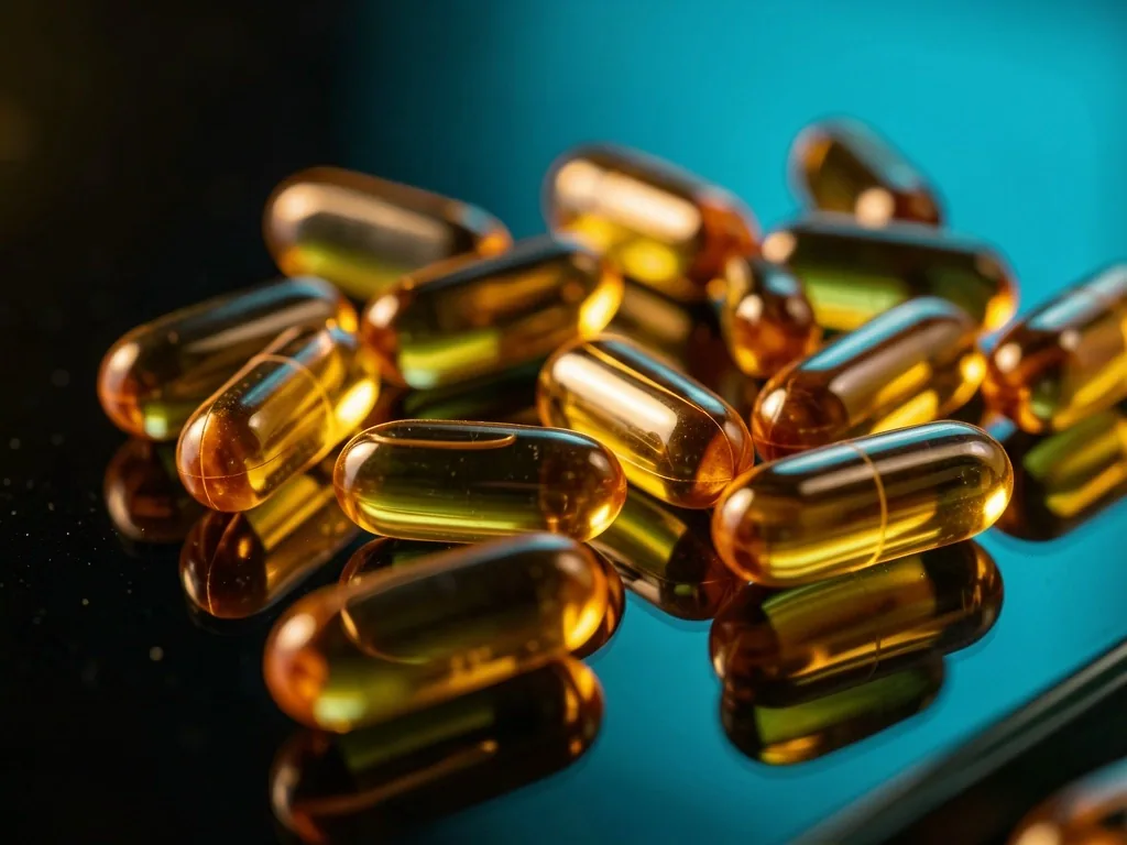 B-complex vitamin capsules on dark glass