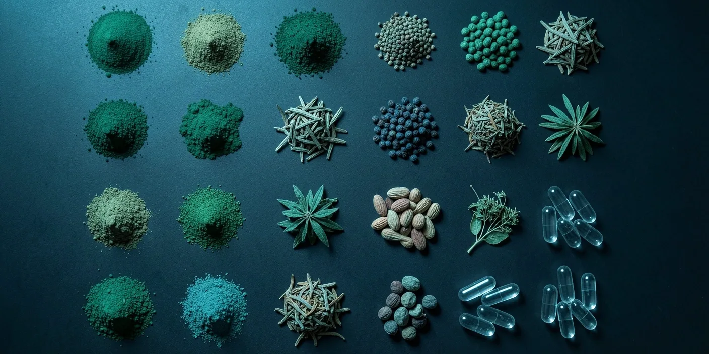 Supplement ingredients arranged on dark surface