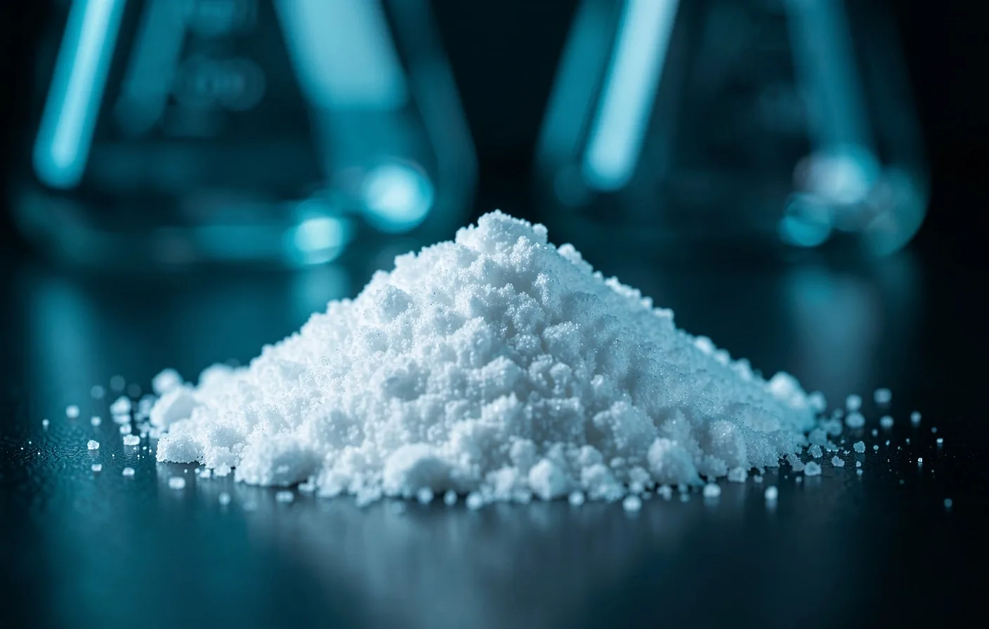 Crystalline supplement powder under cyan light