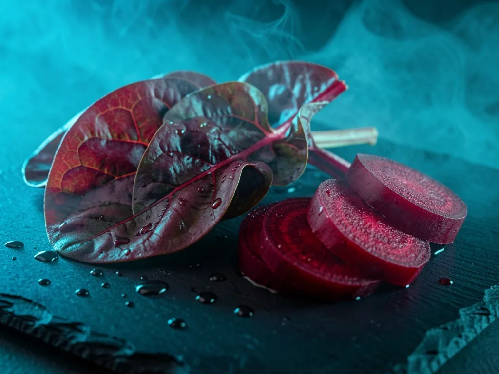 Beetroot cross-sections on dark stone under cyan light
