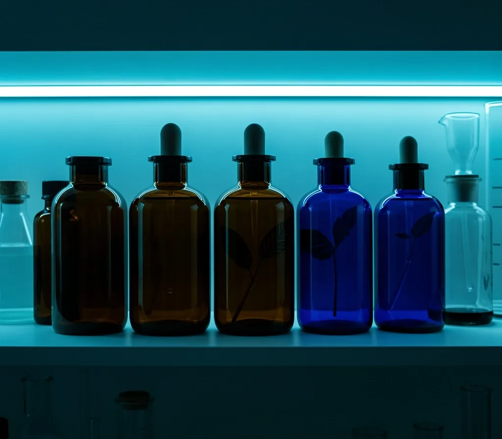 Dark glass apothecary bottles on shelf under cyan light
